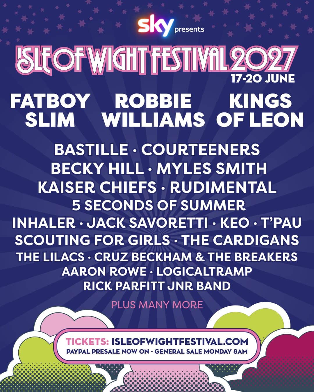 Isle of Wight Festival 2027 line-up poster: Fatboy Slim, Robbie Williams, Kings of Leon and more, 17th to 20th June 2027