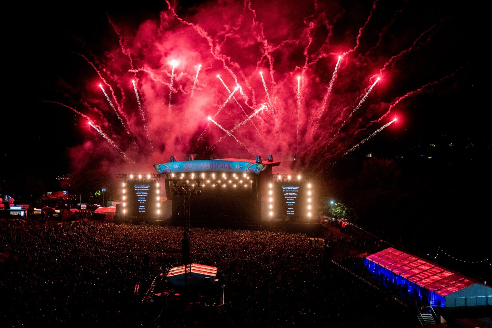 Fireworks above the Isle of Wight Festival Main Stage at night