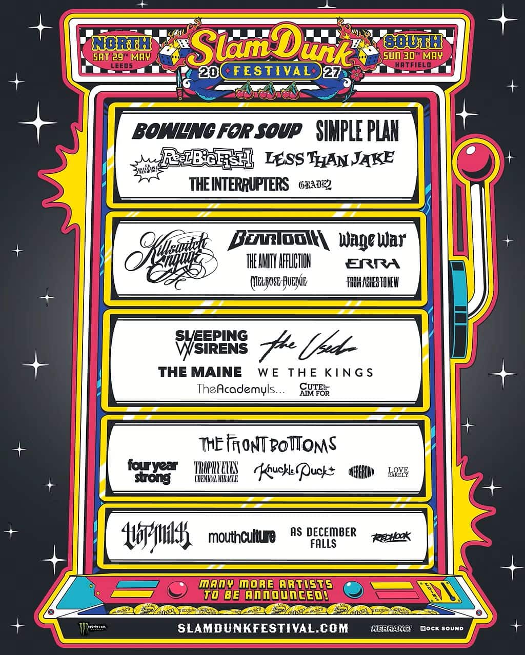 Slam Dunk Festival 2027 flyer: Bowling For Soup, Simple Plan, Reel Big Fish, Less Than Jake and The Interrupters lead the bill, 29th May in Leeds and 30th May in Hatfield